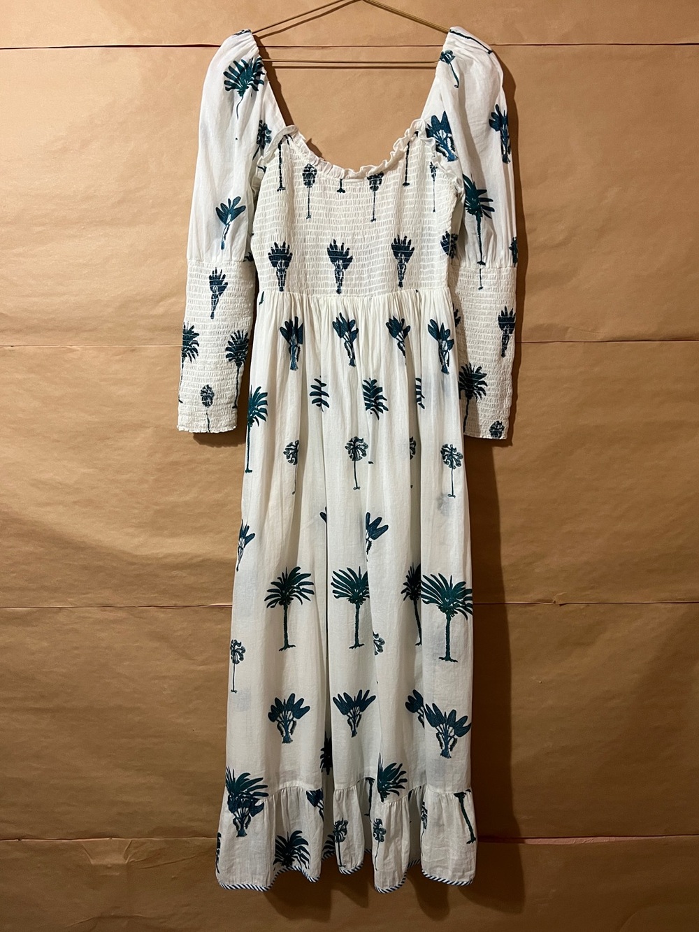 Antik Batik | Palmy Dress Shirred Midi Dress Cotton Voile Palm Tree Print Size L